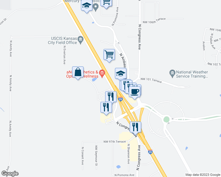 map of restaurants, bars, coffee shops, grocery stores, and more near 7834 Northwest 100th Street in Kansas City