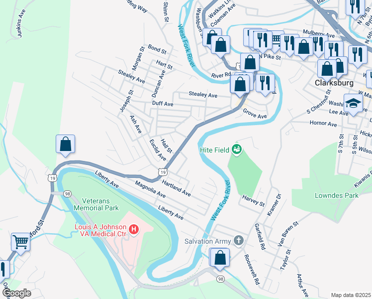 map of restaurants, bars, coffee shops, grocery stores, and more near 595 Milford Street in Clarksburg