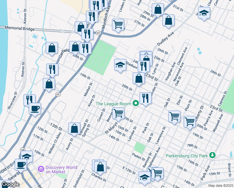 map of restaurants, bars, coffee shops, grocery stores, and more near 1016 1/2 19th Street in Parkersburg