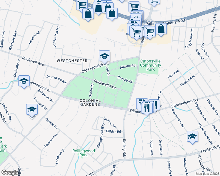 map of restaurants, bars, coffee shops, grocery stores, and more near 1929 Rockwell Avenue in Catonsville