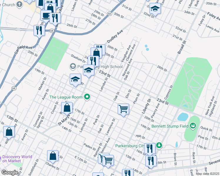 map of restaurants, bars, coffee shops, grocery stores, and more near 1419 Washington Avenue in Parkersburg