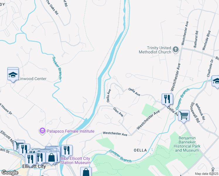 map of restaurants, bars, coffee shops, grocery stores, and more near 738 Oella Avenue in Ellicott City