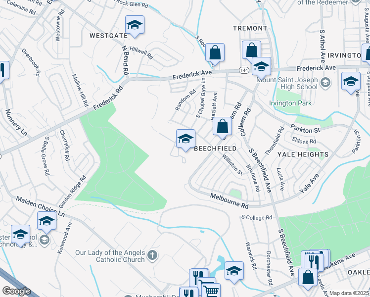 map of restaurants, bars, coffee shops, grocery stores, and more near 605 South Chapel Gate Lane in Baltimore
