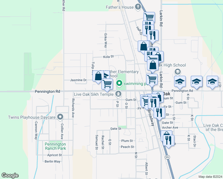 map of restaurants, bars, coffee shops, grocery stores, and more near 2852 Pennington Road in Live Oak