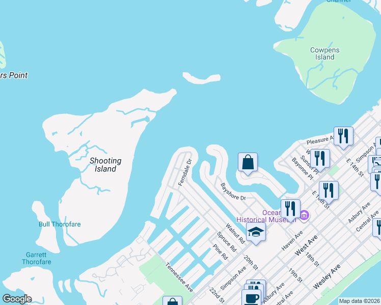 map of restaurants, bars, coffee shops, grocery stores, and more near 1900 Ferndale Drive in Ocean City