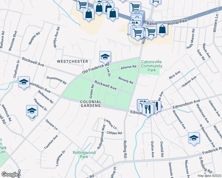 map of restaurants, bars, coffee shops, grocery stores, and more near 1929 Rockwell Avenue in Catonsville