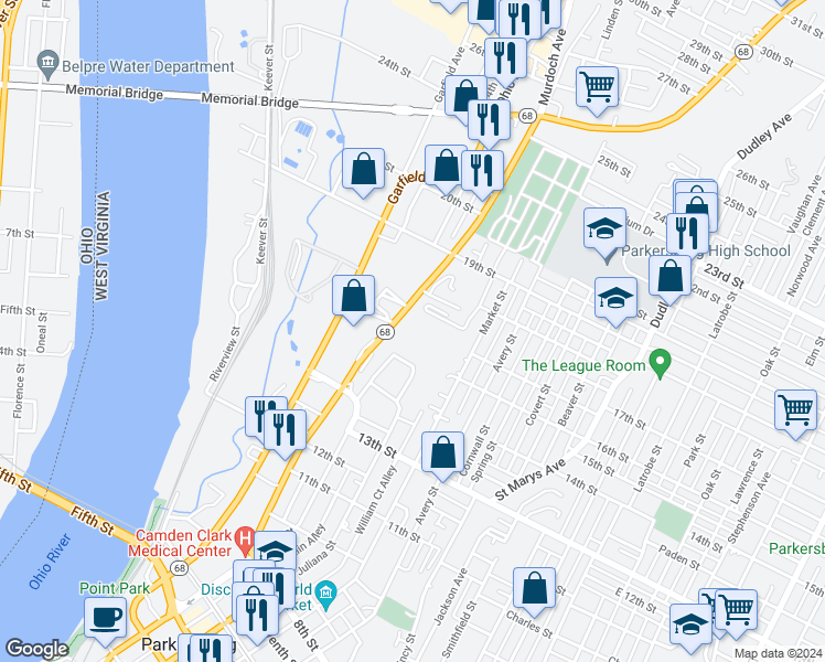 map of restaurants, bars, coffee shops, grocery stores, and more near 1582-1598 Murdoch Avenue in Parkersburg