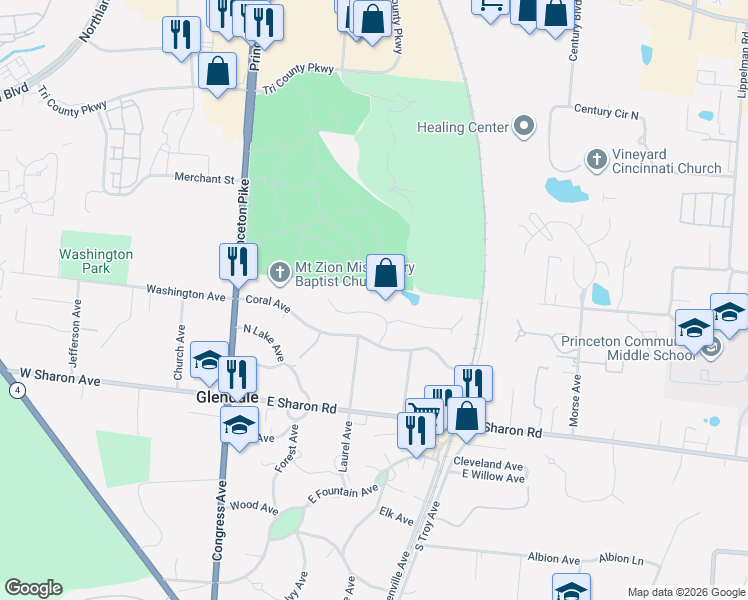 map of restaurants, bars, coffee shops, grocery stores, and more near 104 Hetherington Lane in Cincinnati