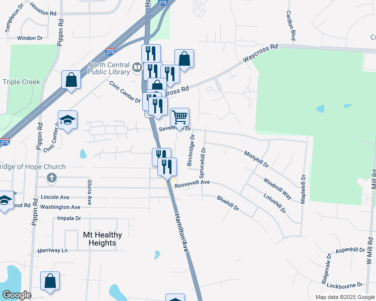 map of restaurants, bars, coffee shops, grocery stores, and more near 10897 Birchridge Drive in Cincinnati