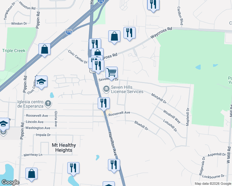map of restaurants, bars, coffee shops, grocery stores, and more near 10897 Birchridge Drive in Cincinnati