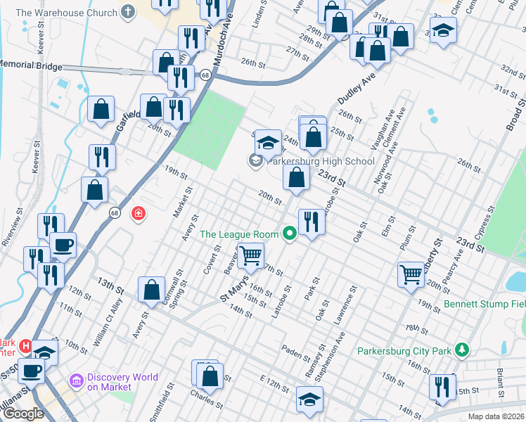 map of restaurants, bars, coffee shops, grocery stores, and more near 1107 19th Street in Parkersburg