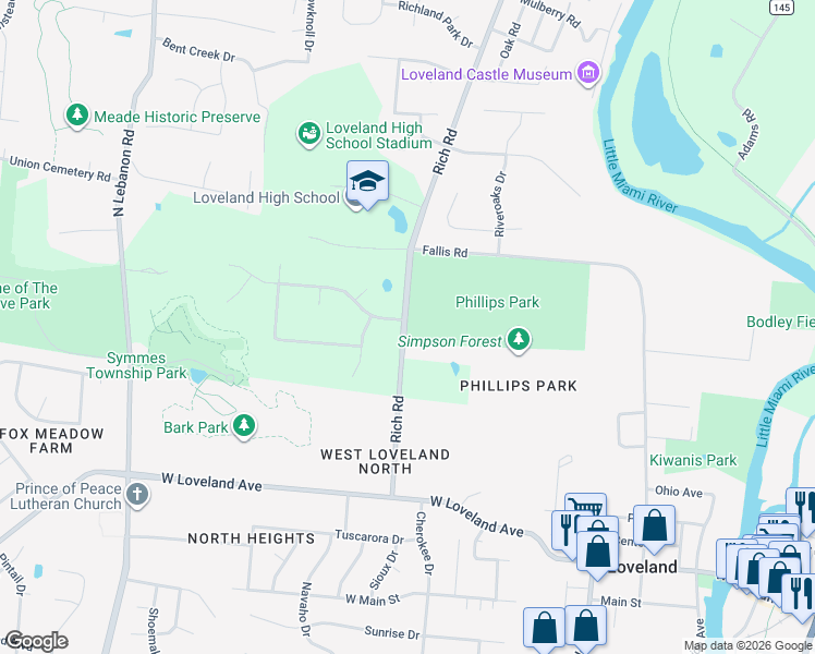 map of restaurants, bars, coffee shops, grocery stores, and more near 11608 Rich Road in Loveland