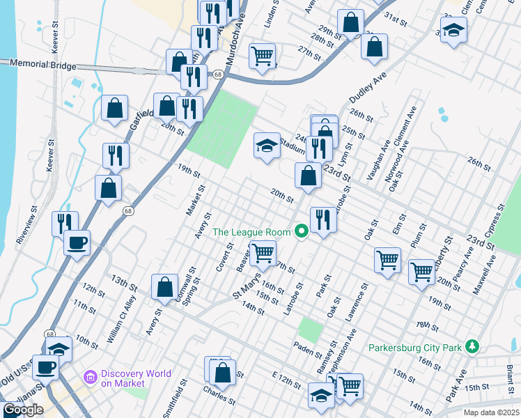 map of restaurants, bars, coffee shops, grocery stores, and more near 1016 19th Street in Parkersburg