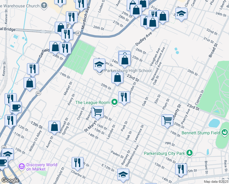 map of restaurants, bars, coffee shops, grocery stores, and more near 1200-1238 20th St in Parkersburg