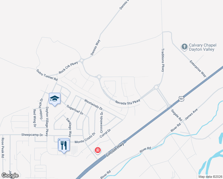 map of restaurants, bars, coffee shops, grocery stores, and more near Sutro Tunnel Road in Dayton