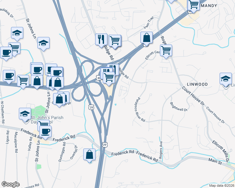 map of restaurants, bars, coffee shops, grocery stores, and more near 3450 Ellicott Center Drive in Ellicott City