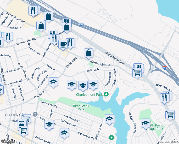 map of restaurants, bars, coffee shops, grocery stores, and more near 3231 Wallford Drive in Dundalk