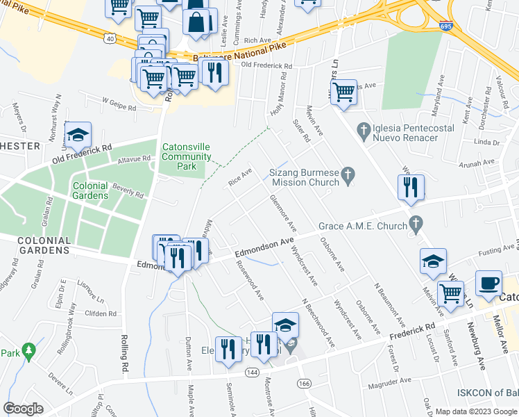 map of restaurants, bars, coffee shops, grocery stores, and more near 1305 Hubner Avenue in Catonsville