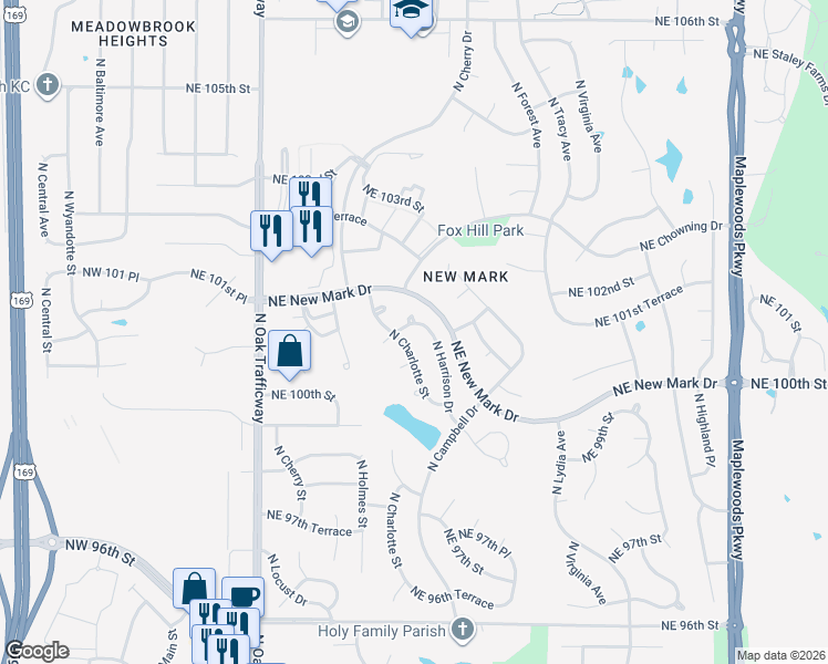 map of restaurants, bars, coffee shops, grocery stores, and more near 10004 North Harrison Drive in Kansas City