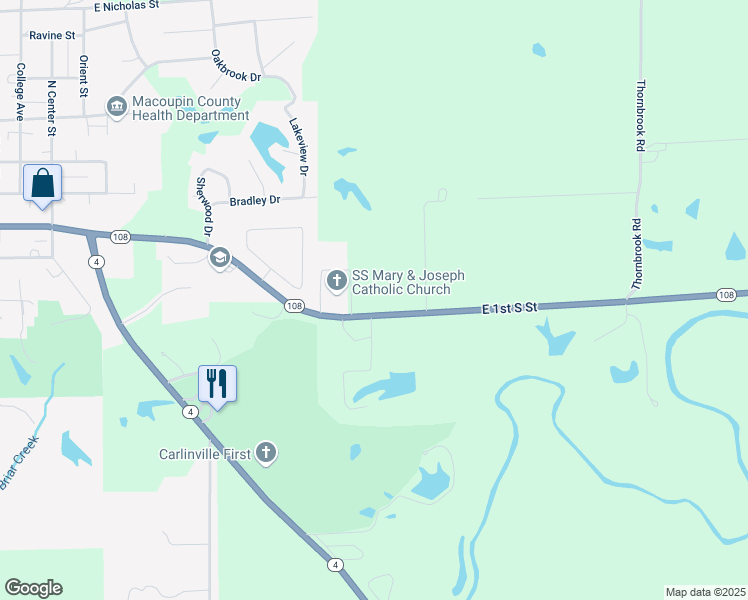 map of restaurants, bars, coffee shops, grocery stores, and more near 15574 Illinois 108 in Carlinville