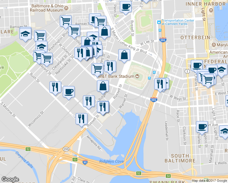 map of restaurants, bars, coffee shops, grocery stores, and more near 1310 Russell St in Baltimore