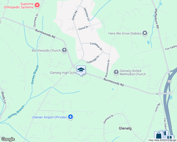 map of restaurants, bars, coffee shops, grocery stores, and more near 14018 Burntwoods Road in Glenelg