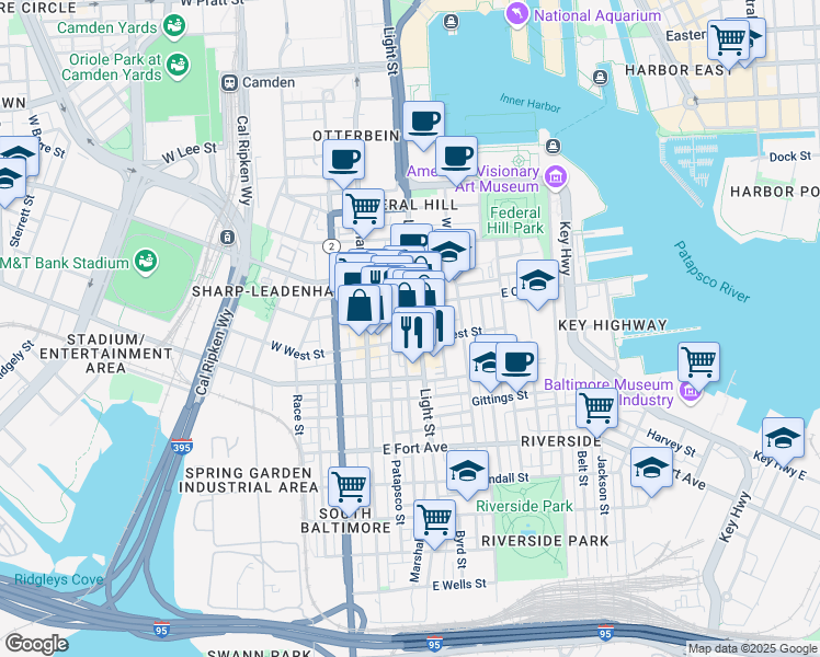 map of restaurants, bars, coffee shops, grocery stores, and more near 1154 Light Street in Baltimore