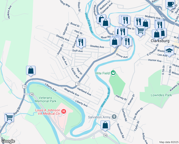 map of restaurants, bars, coffee shops, grocery stores, and more near 595 Milford Street in Clarksburg