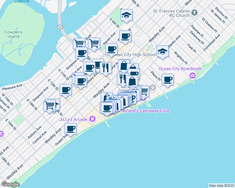 map of restaurants, bars, coffee shops, grocery stores, and more near 901 Ocean Avenue in Ocean City