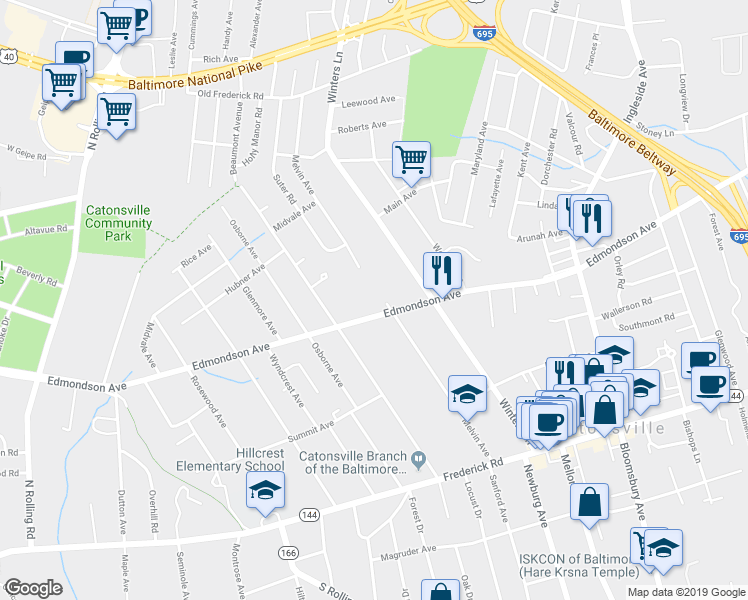 map of restaurants, bars, coffee shops, grocery stores, and more near 1000 Edmondson Avenue in Catonsville