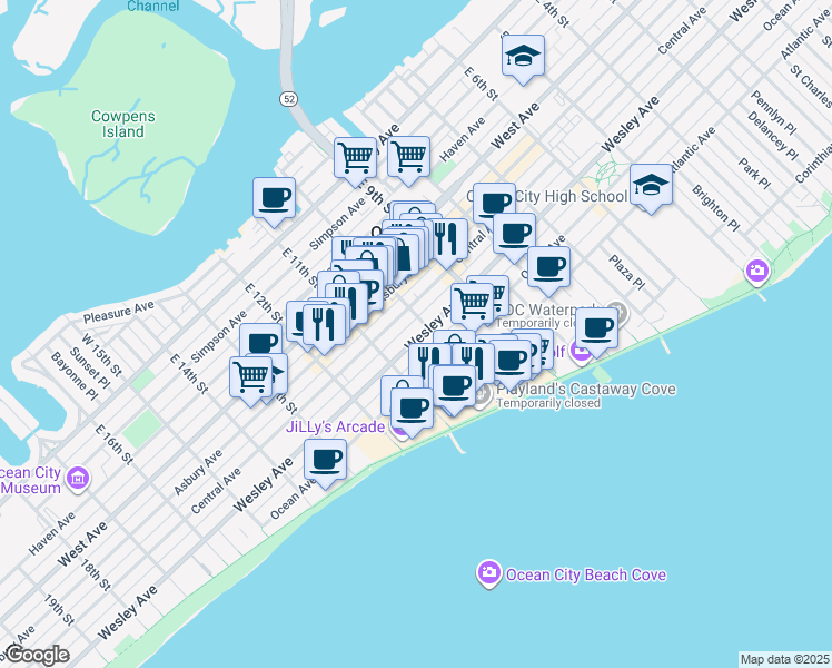 map of restaurants, bars, coffee shops, grocery stores, and more near 1021 Wesley Avenue in Ocean City