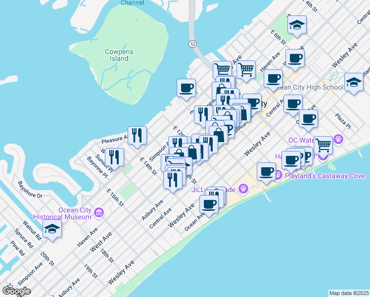 map of restaurants, bars, coffee shops, grocery stores, and more near 1243 Haven Avenue in Ocean City
