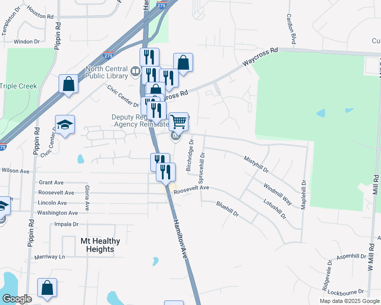 map of restaurants, bars, coffee shops, grocery stores, and more near 10897 Birchridge Drive in Cincinnati