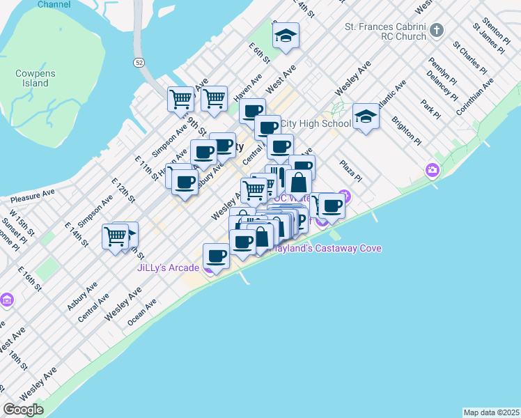 map of restaurants, bars, coffee shops, grocery stores, and more near 901 Ocean Avenue in Ocean City