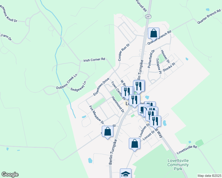 map of restaurants, bars, coffee shops, grocery stores, and more near 14 Spring Farm Drive in Lovettsville