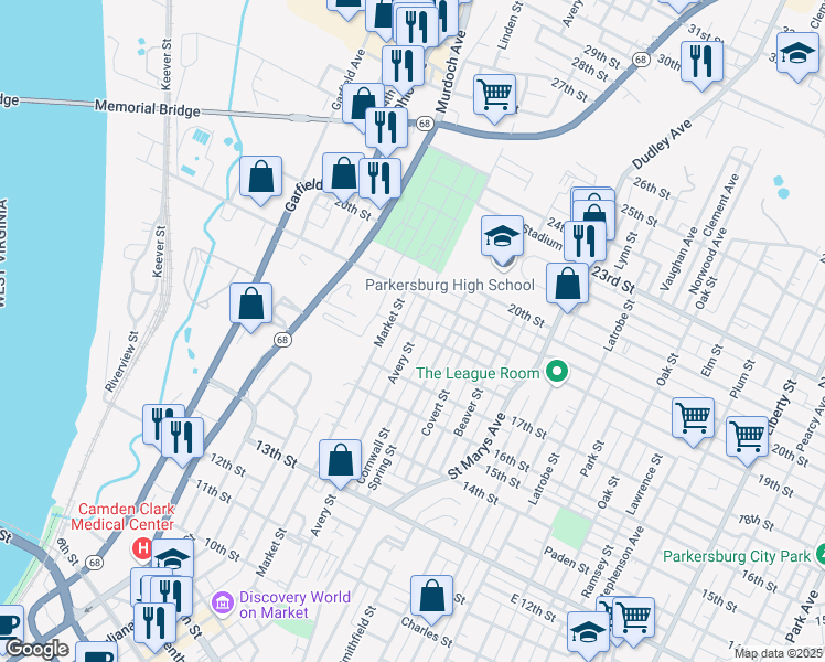 map of restaurants, bars, coffee shops, grocery stores, and more near Avery Street in Parkersburg