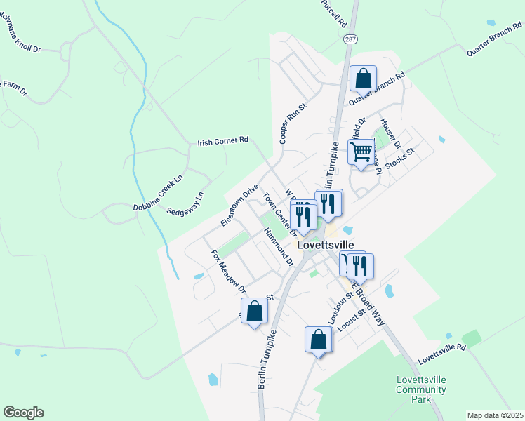 map of restaurants, bars, coffee shops, grocery stores, and more near 14 Spring Farm Drive in Lovettsville