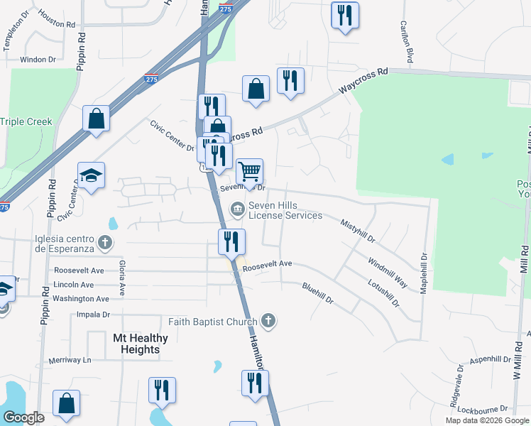 map of restaurants, bars, coffee shops, grocery stores, and more near 10897 Birchridge Drive in Cincinnati