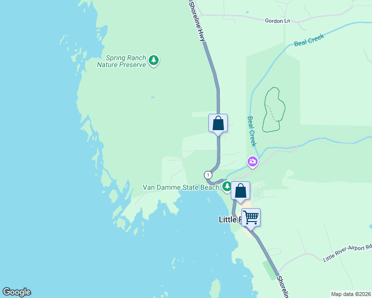 map of restaurants, bars, coffee shops, grocery stores, and more near 45180 Headlands Drive in Little River