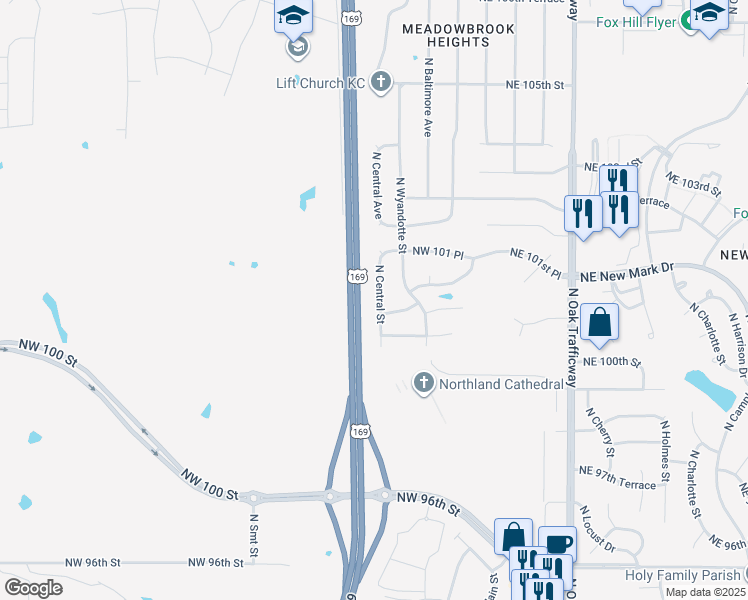 map of restaurants, bars, coffee shops, grocery stores, and more near 10050 North Central Street in Kansas City