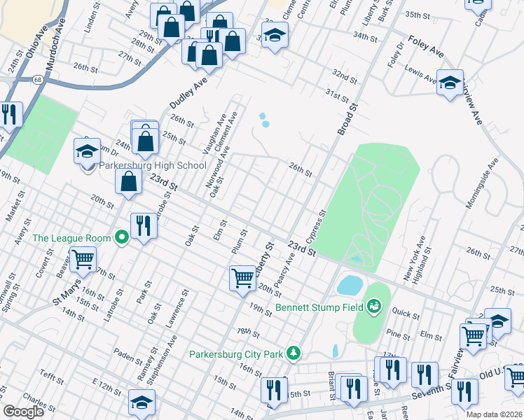 map of restaurants, bars, coffee shops, grocery stores, and more near 2309 Liberty Street in Parkersburg