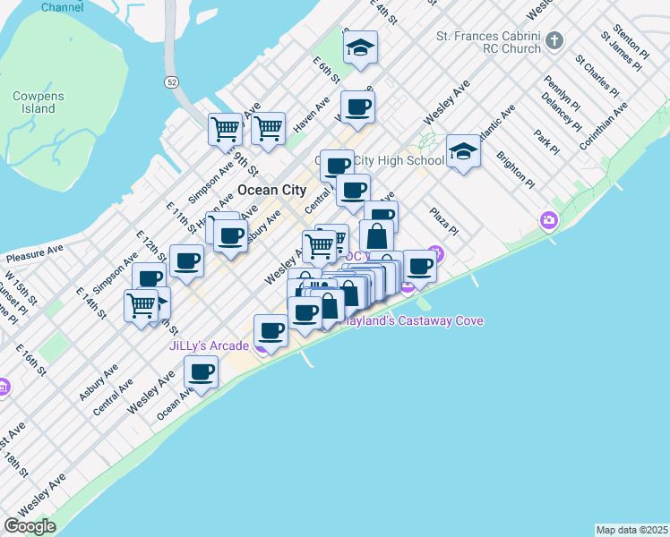 map of restaurants, bars, coffee shops, grocery stores, and more near 901 Ocean Avenue in Ocean City