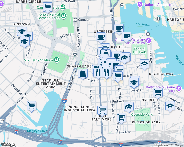 map of restaurants, bars, coffee shops, grocery stores, and more near 101 West Cross Street in Baltimore