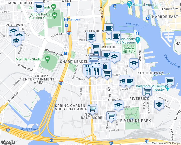 map of restaurants, bars, coffee shops, grocery stores, and more near 1109 South Hanover Street in Baltimore