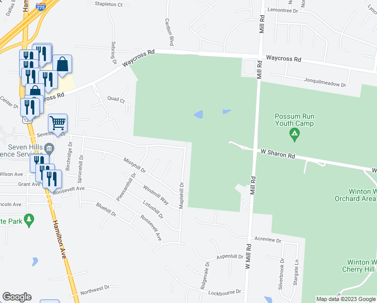 map of restaurants, bars, coffee shops, grocery stores, and more near 10966 Maplehill Drive in Cincinnati