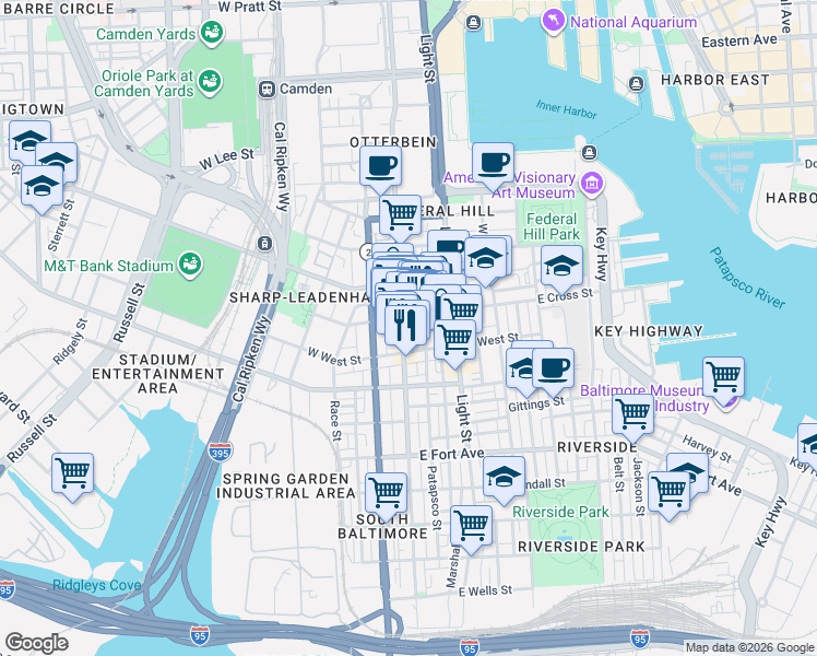 map of restaurants, bars, coffee shops, grocery stores, and more near 1105 South Charles Street in Baltimore