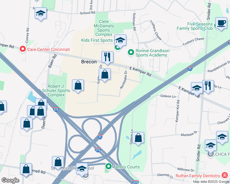 map of restaurants, bars, coffee shops, grocery stores, and more near 11501 Northlake Drive in Cincinnati