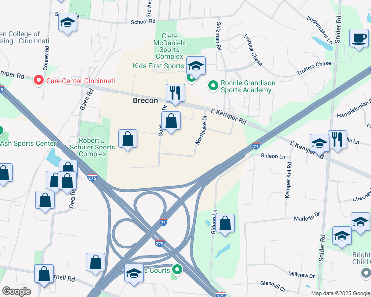 map of restaurants, bars, coffee shops, grocery stores, and more near 11501 Northlake Drive in Cincinnati
