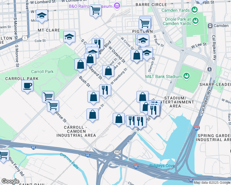 map of restaurants, bars, coffee shops, grocery stores, and more near 1401 Wicomico Street in Baltimore