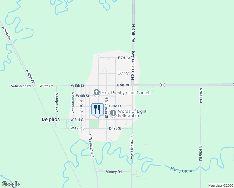 map of restaurants, bars, coffee shops, grocery stores, and more near 300-398 North Custer Street in Delphos